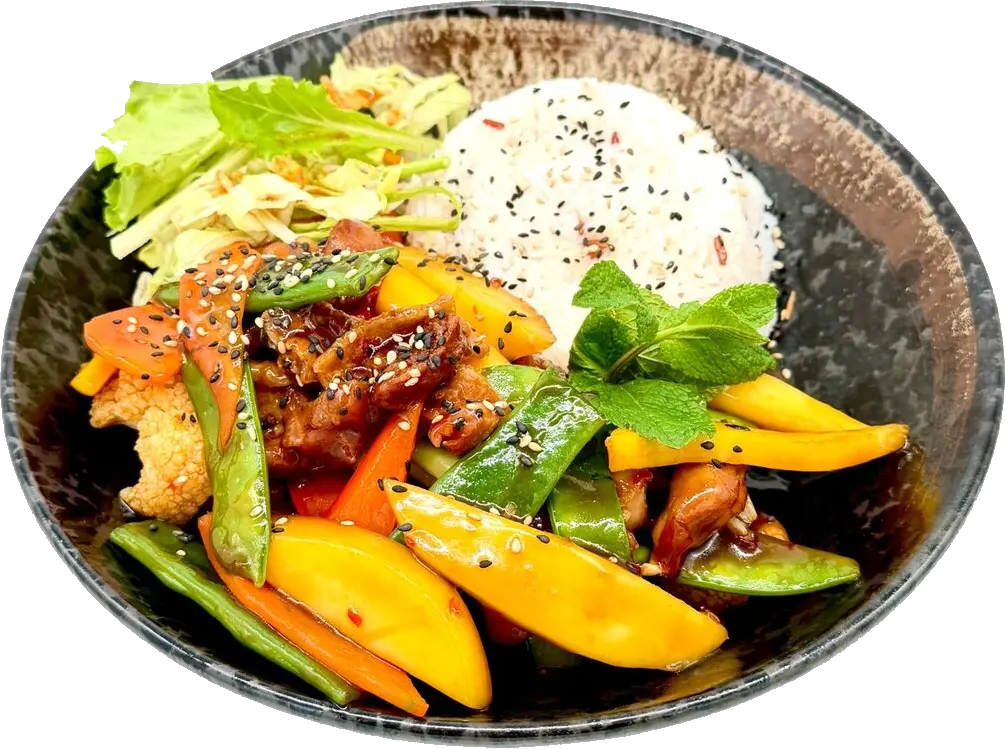 Sweet & sour mango with vegetables and rice